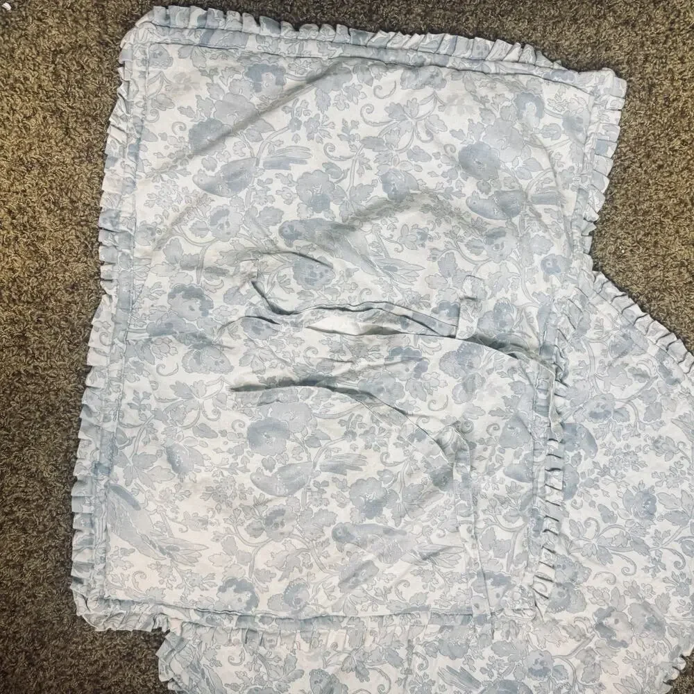 2 SFERRA Italy Pillow Shams Birds Blue floral linen cotton cottage shabby chic